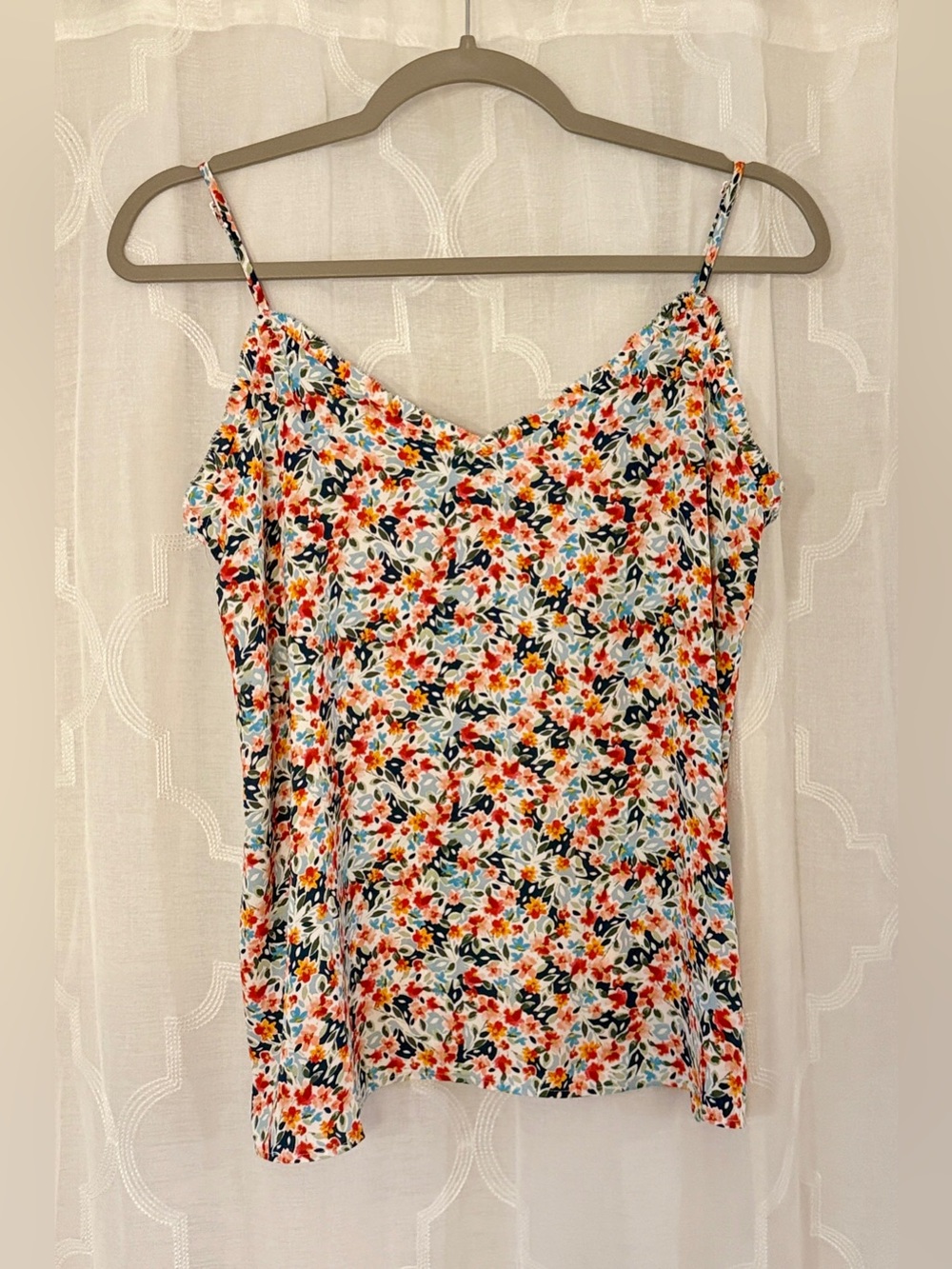 LOFT XS Floral Cami Top Orange Blue Ruched Spaghetti Strap Blouse